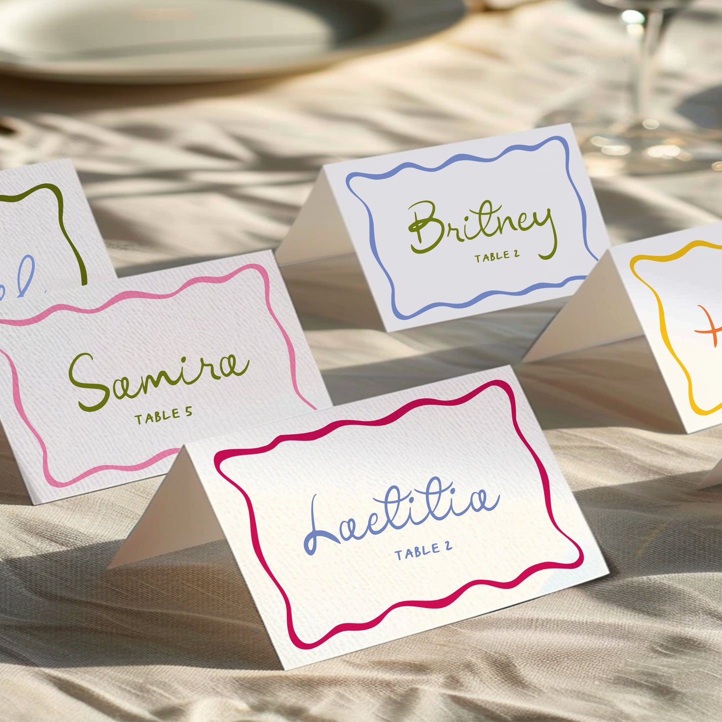 Colorful Wavy Place Card Template for Dinner or Wedding