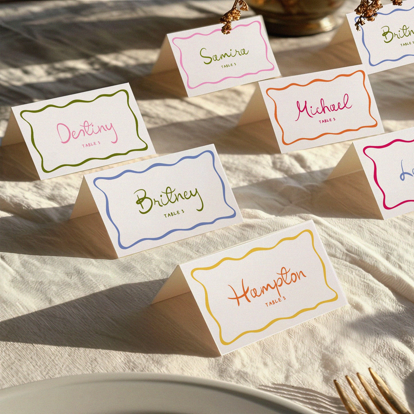 Colorful Wavy Place Card Template for Dinner or Wedding