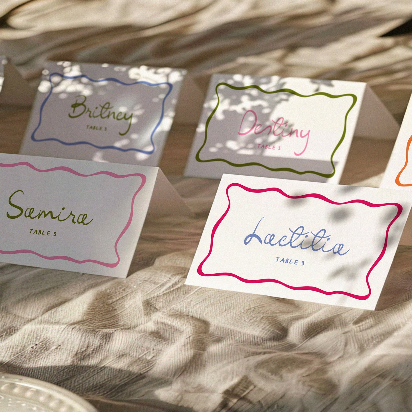 Colorful Wavy Place Card Template for Dinner or Wedding