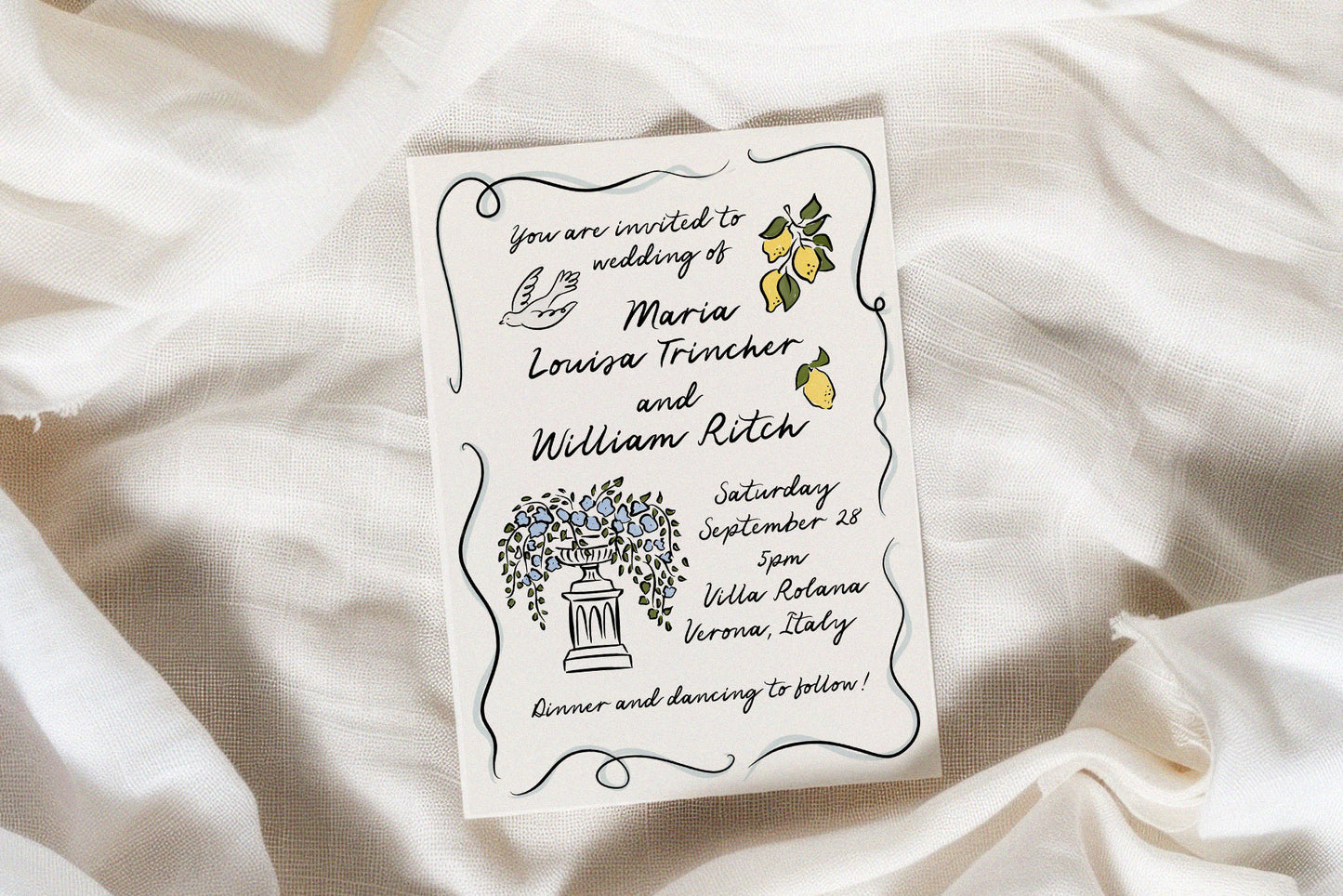 A digital wedding invitation featuring hand drawn elements, such as floral patterns and a frame, set against a neutral background.