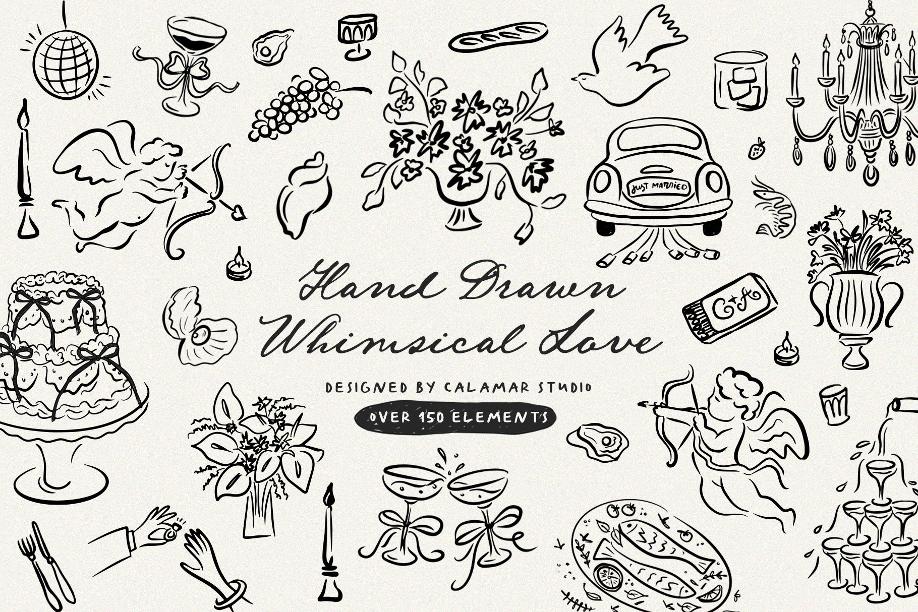 A collection of whimsical and vintage-style illustrations related to weddings and parties, including various figures and objects like a car, wine glasses, and flowers.