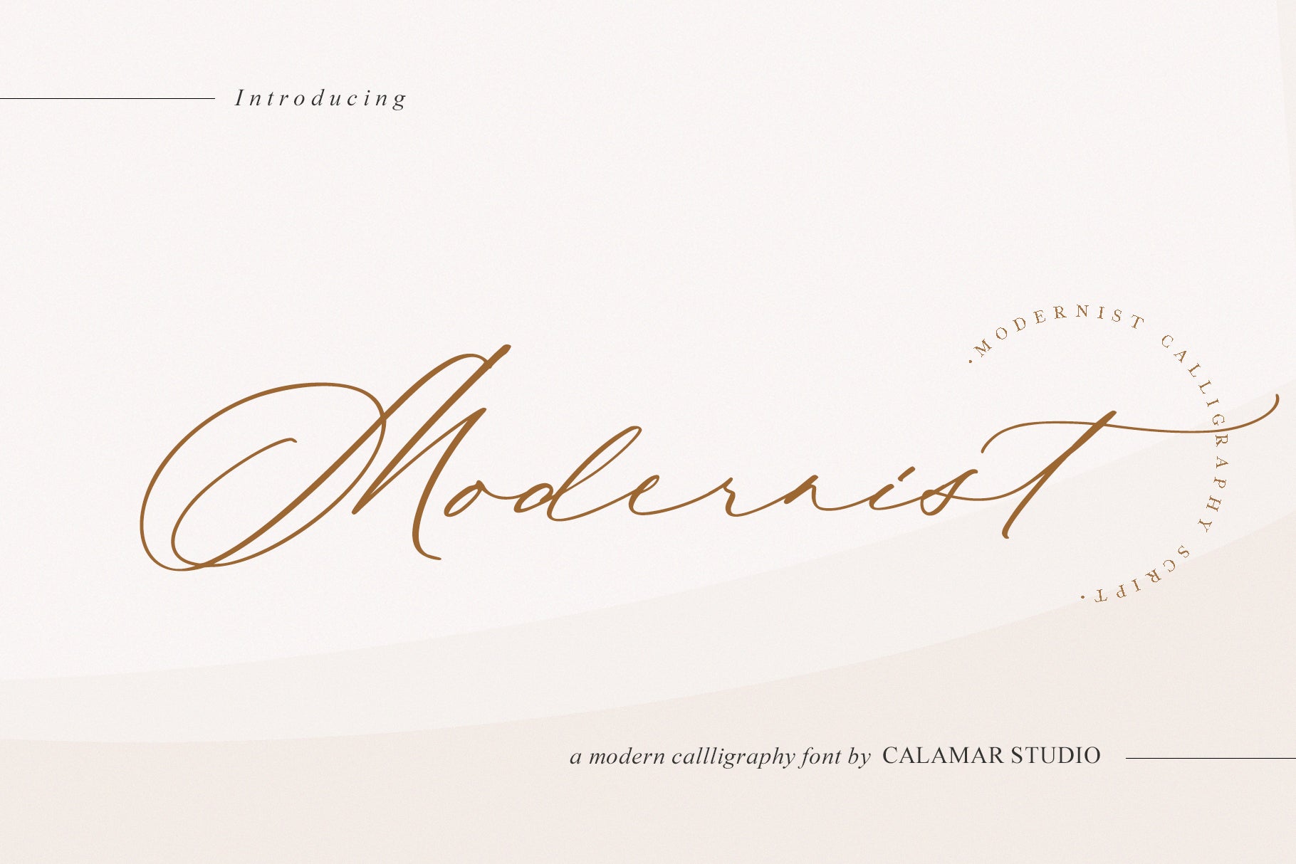 Introductory image for Modernist calligraphy font by Calamar Studio, displaying the font name in a script typeface.
