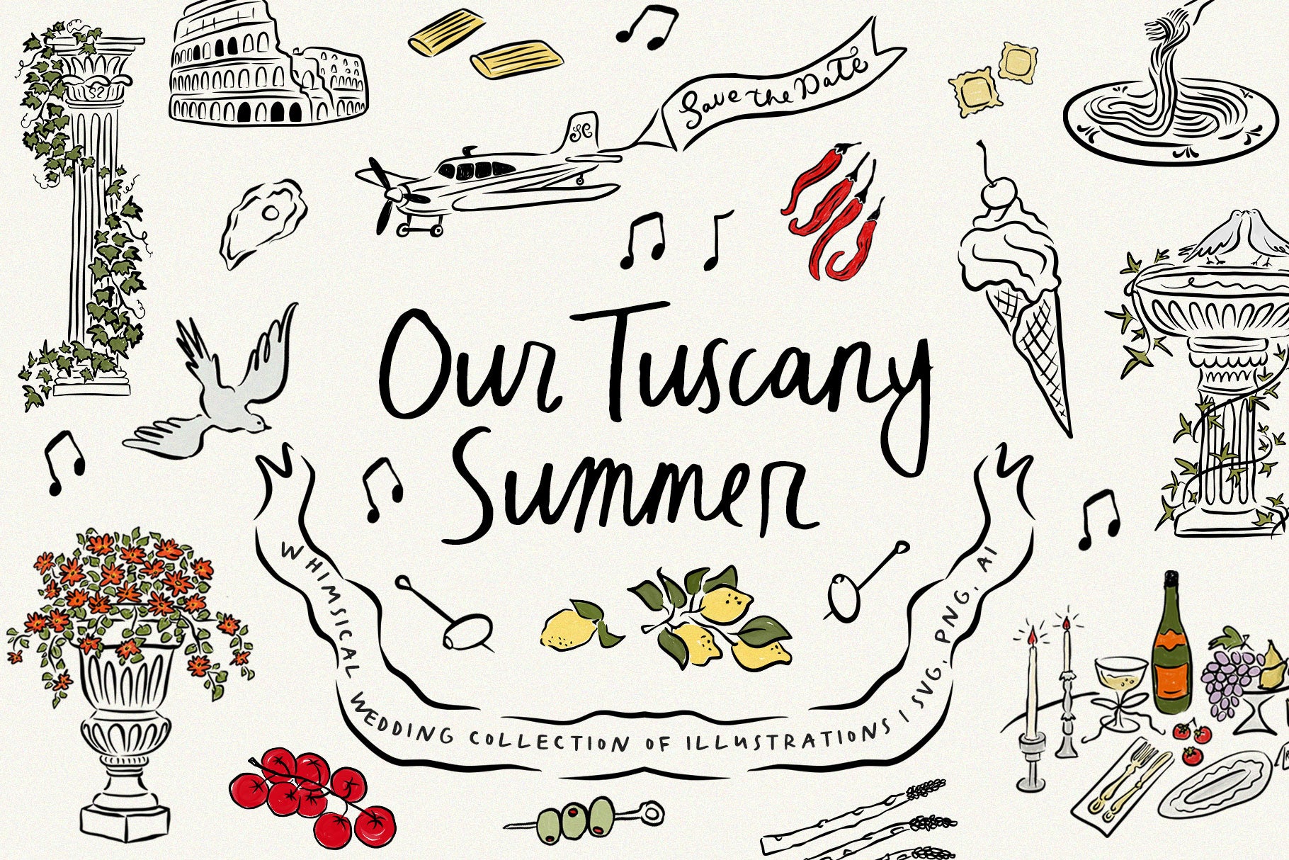 A collection of hand drawn wedding illustrations inspired by Tuscany, including elements like wine, pasta, and Italian architecture, with the text 'Our Tuscany Summer'.