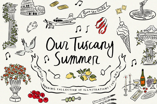 A collection of hand drawn wedding illustrations inspired by Tuscany, including elements like wine, pasta, and Italian architecture, with the text 'Our Tuscany Summer'.