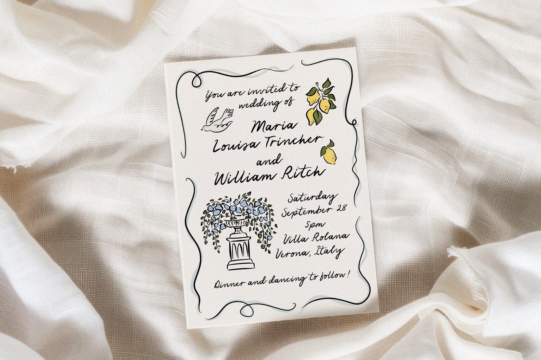 A digital wedding invitation featuring hand drawn elements, such as floral patterns and a frame, set against a neutral background.