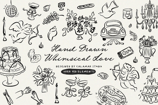 A collection of whimsical and vintage-style illustrations related to weddings and parties, including various figures and objects like a car, wine glasses, and flowers.