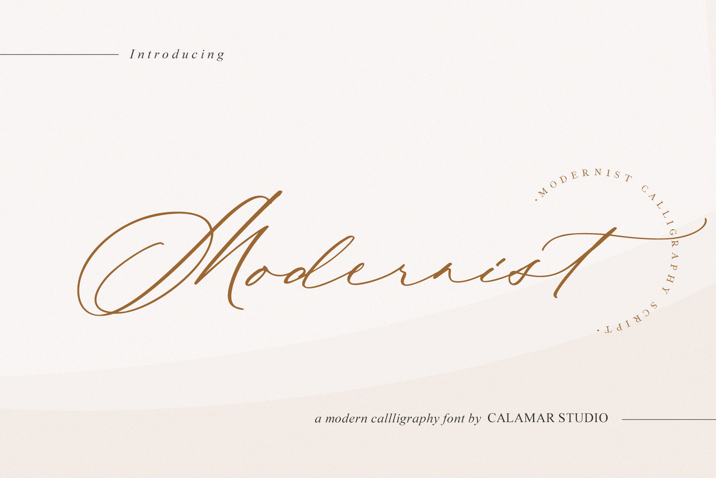 Introductory image for Modernist calligraphy font by Calamar Studio, displaying the font name in a script typeface.