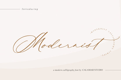 Introductory image for Modernist calligraphy font by Calamar Studio, displaying the font name in a script typeface.