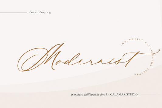 Introductory image for Modernist calligraphy font by Calamar Studio, displaying the font name in a script typeface.